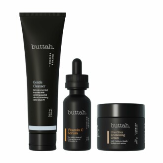 Buttah Skin Transforming Kit showcasing the cleanser, serum, and moisturizer